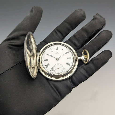 1910年頃 アンティーク オメガ 懐中時計 花彫刻 銀側ハンターケース 動作良好